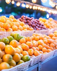 Vibrant display of fresh, colorful fruits in market baskets under warm evening lights