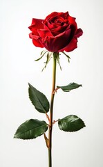 Obraz premium Single Red Rose Isolated on White Background with Vibrant Petals, Green Leaves, and Nature's Beauty Inspiring Love and Romance for Various Purposes