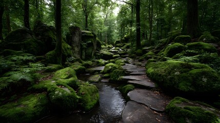 Obraz premium Tranquil Forest Stream Surrounded by Lush Green Moss and Ancient Rock Formations