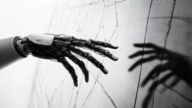 Mechanical hand reaches towards humanity across a fragmented barrier, monochrome
