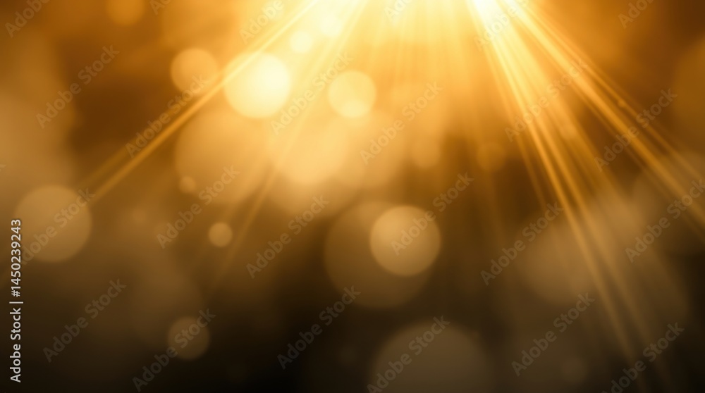 Poster golden light rays burst through bokeh effect on dark background