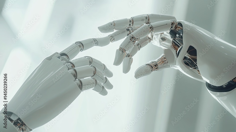Poster futuristic robotic hand interaction conveys artificial intelligence advancements