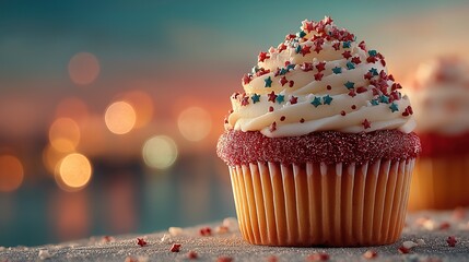 Red， white， and blue cupcake with star sprinkles， celebrating American Independence Day with festive joy.