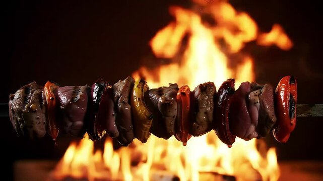 Skewers of meat and vegetables roasting over open flame barbecue