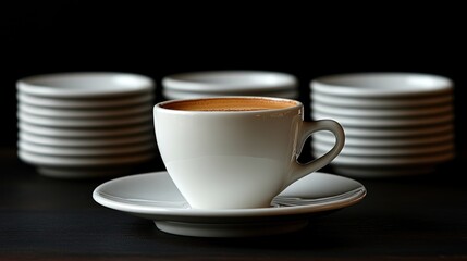 Cup of coffee on saucer with stacks of plates against dark background.