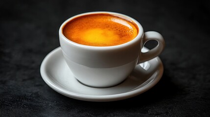 Cup of coffee on a saucer against a dark background.