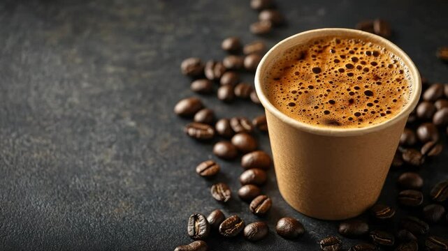Paper cup of coffee and coffee beans on wooden table,