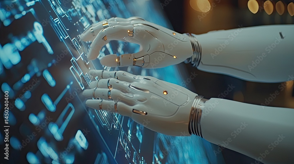 Aufkleber futuristic interaction: robot's hands engaging with a digital interface panel
