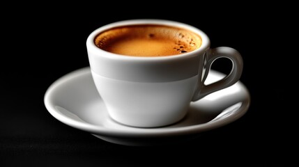 White cup with coffee on a saucer against a black background.