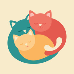 A cute cartoon vector illustration depicts a funny feline and a small mouse alongside a silhouette of a domestic cat and dog