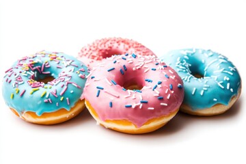 Colorful donuts with blue and pink frosting topped with sprinkles, on a white background