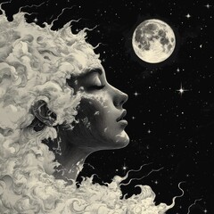 Fototapeta premium expressive moon face outline in mystical style, monochrome