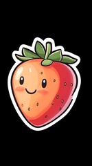 Obraz premium A cute cartoon strawberry with a smiling face, red and orange gradient, green leaves, and a white outline