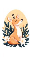 A cute fawn sits amidst white flowers and dark green leaves within an oval, pale yellow background