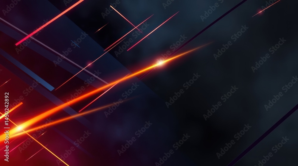 Poster dynamic orange and red light streaks on dark background, creating abstract geometric design