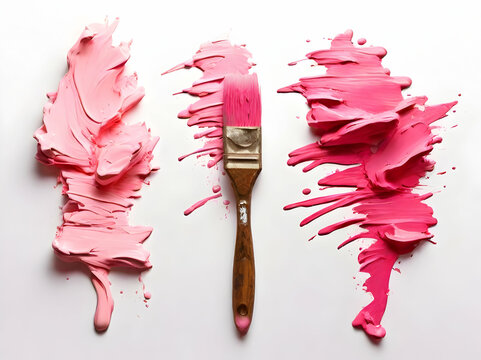 Three paintbrushes are painting pink stripes of paint on a white background, creating a vibrant contrast and showcasing a creative painting process