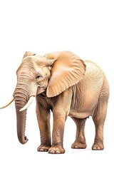 Obraz premium A light-tan African elephant stands against a white background, its large ears fanned out slightly. It has long tusks and a calm expression