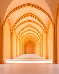 Fototapeta premium A long, perspective hallway with warm-toned arches receding into the distance. Sunlight illuminates the floor