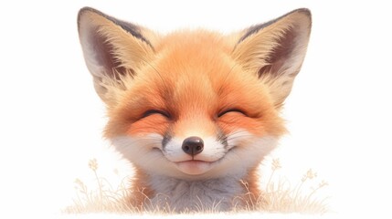 Obraz premium Adorable orange fox with a big smile, surrounded by grass on a white background