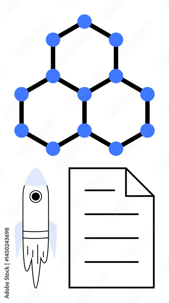 Poster molecule structure with hexagonal pattern, rocket, and document. ideal for innovation, research, tec