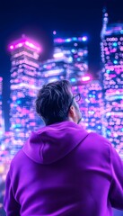 Fototapeta premium A person in a purple hoodie gazes at a vibrant, neon-lit cityscape at night