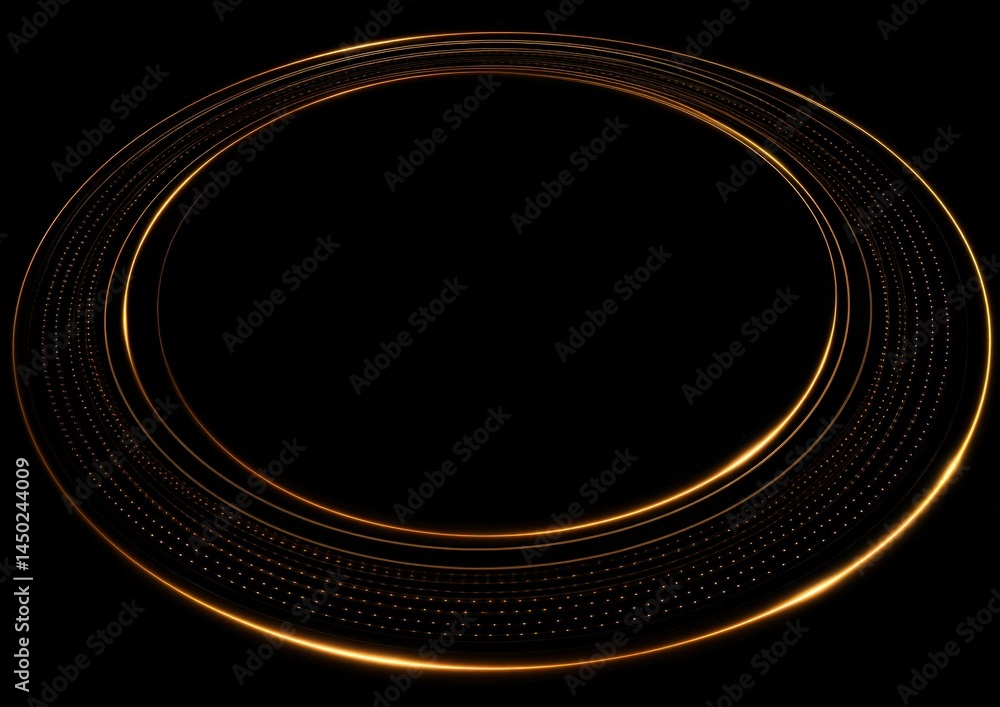 Poster a glowing golden ring with dotted and solid lines forms a circular pattern on a black background.