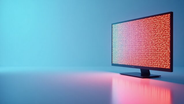 MiniLed. Modern black computer monitor displaying red code on blue des