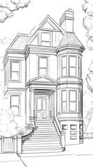 A two-story Victorian house with a bay window, porch, and stairs, surrounded by trees