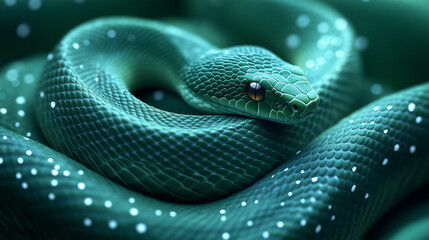 Green snake resting in tranquil setting with soft lighting and textured surroundings