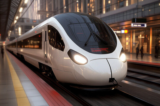 High-speed hyperloop train prepares for departure from a modern urban station at dusk - Powered by Adobe