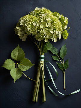 Modern still life with dry hydrangea and green tippet on a dark background