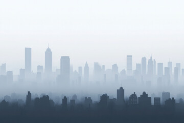 Naklejka premium Futuristic cityscape featuring modern high-rise buildings shrouded in mist during early morning hours