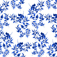 Watercolor illustration of little leaves on branches, elegant design on isolated background. Watercolor pattern seamless of vintage textile and wallpaper.