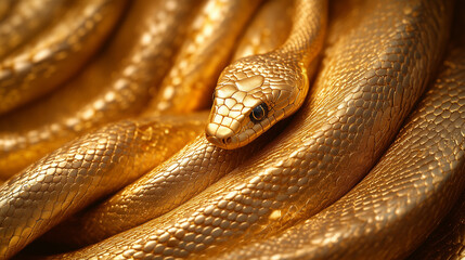 Fototapeta premium Golden snake resting on a textured surface in a dimly lit environment showcasing intricate scales and patterns