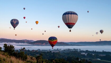 Naklejka premium Colorful hot air balloons soaring over scenic hills at dawn captivating aerial view tranquil landscape adventure experience