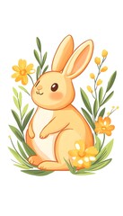 An adorable, pale orange bunny sits amidst vibrant yellow flowers and green foliage