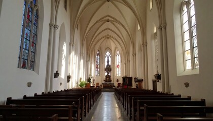 Fototapeta premium Serene interior view of a gothic church peaceful atmosphere architectural photography natural light spiritual concept