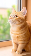 An orange tabby cat sits by a window, gazing intently at something outside, bathed in soft light