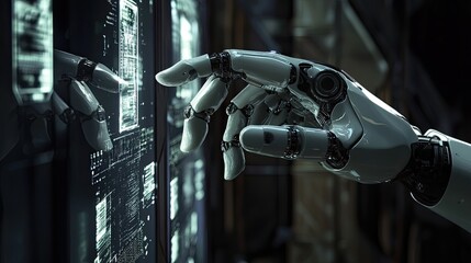 Advanced robotic hand interacting with a digital display, illustrating technology