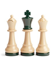 Cream and dark green chess pieces; king flanked by queens