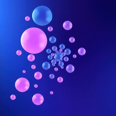 Abstract art featuring pink and blue spheres of varying sizes, clustered and dispersed against a dark blue gradient background