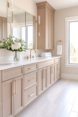 Elegant neutral-toned bathroom with double vanity, large mirror, and natural light