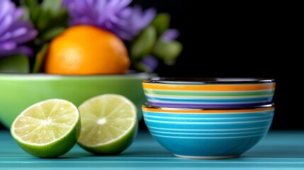 Limes Bowls Flowers Fruit Still Life