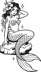 Mermaids Flash Tattoo Vector Set of Traditional Vintage Pinup Mermaid Tattoos Style Clipart for Cricut Procreate plus Single and Color Versions