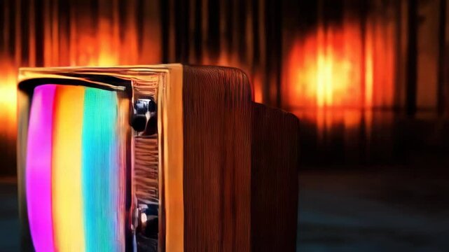 Vintage Television displaying vibrant colorful test signal patterns, retro technology with analog screen in warm lighting, aged television set, broadcast