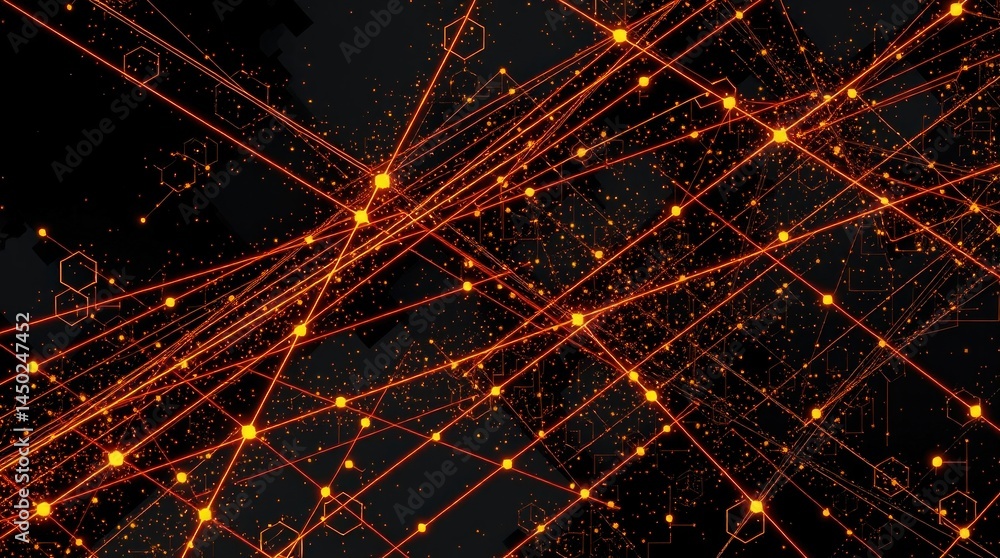Poster abstract network of glowing orange lines and nodes on a dark background