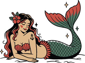 Mermaids Flash Tattoo Vector Set of Traditional Vintage Pinup Mermaid Tattoos Style Clipart for Cricut Procreate plus Single and Color Versions