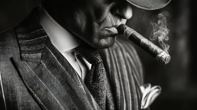 Close-up black and white portrait of a man in a pinstripe suit, fedora, smoking a cigar.  He exudes a sense of power and sophistication