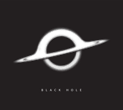 Vector minimalist logo or banner made of pixels or dots with a black hole or a planet with rings on the theme of space, astronomy, astrophysics and the universe. Not used aI