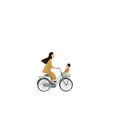 Fototapeta premium flat minimalistic mom and baby riding bicycle together, baby in seat, soft countryside background with pastel fields